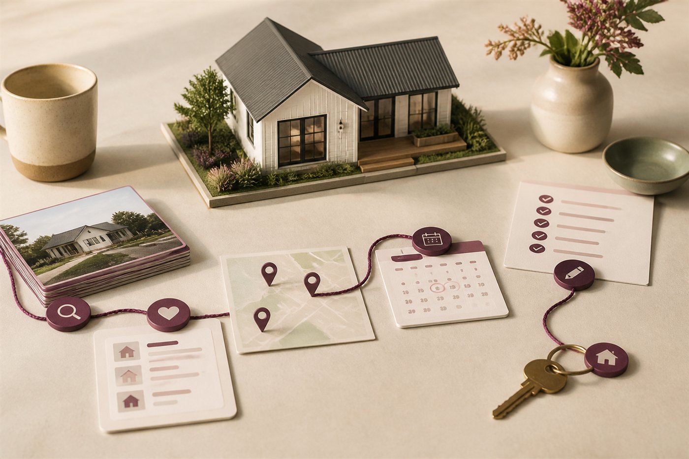 A model New Zealand home connected to a shortlist, map, open-home calendar, checklist and key